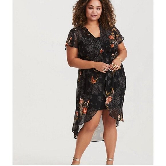 Torrid Womens Hi Low Mid Blouse Sz 4X Black Floral Chiffon Duster Top Boho Sheer - Picture 1 of 10